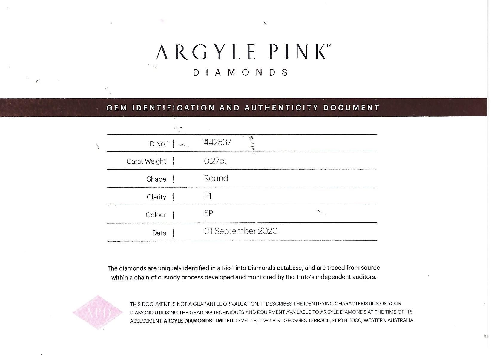 CERTIFIED ARGYLE Round Diamond 0.27ct 5P P1