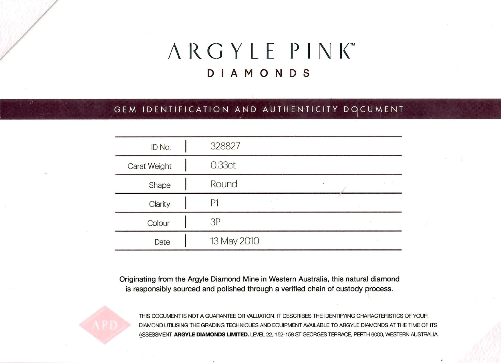 CERTIFIED ARGYLE Round Diamond 0.33ct 3P P1