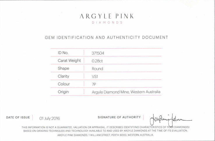 CERTIFIED ARGYLE Round Diamond 0.28ct 7P VS1