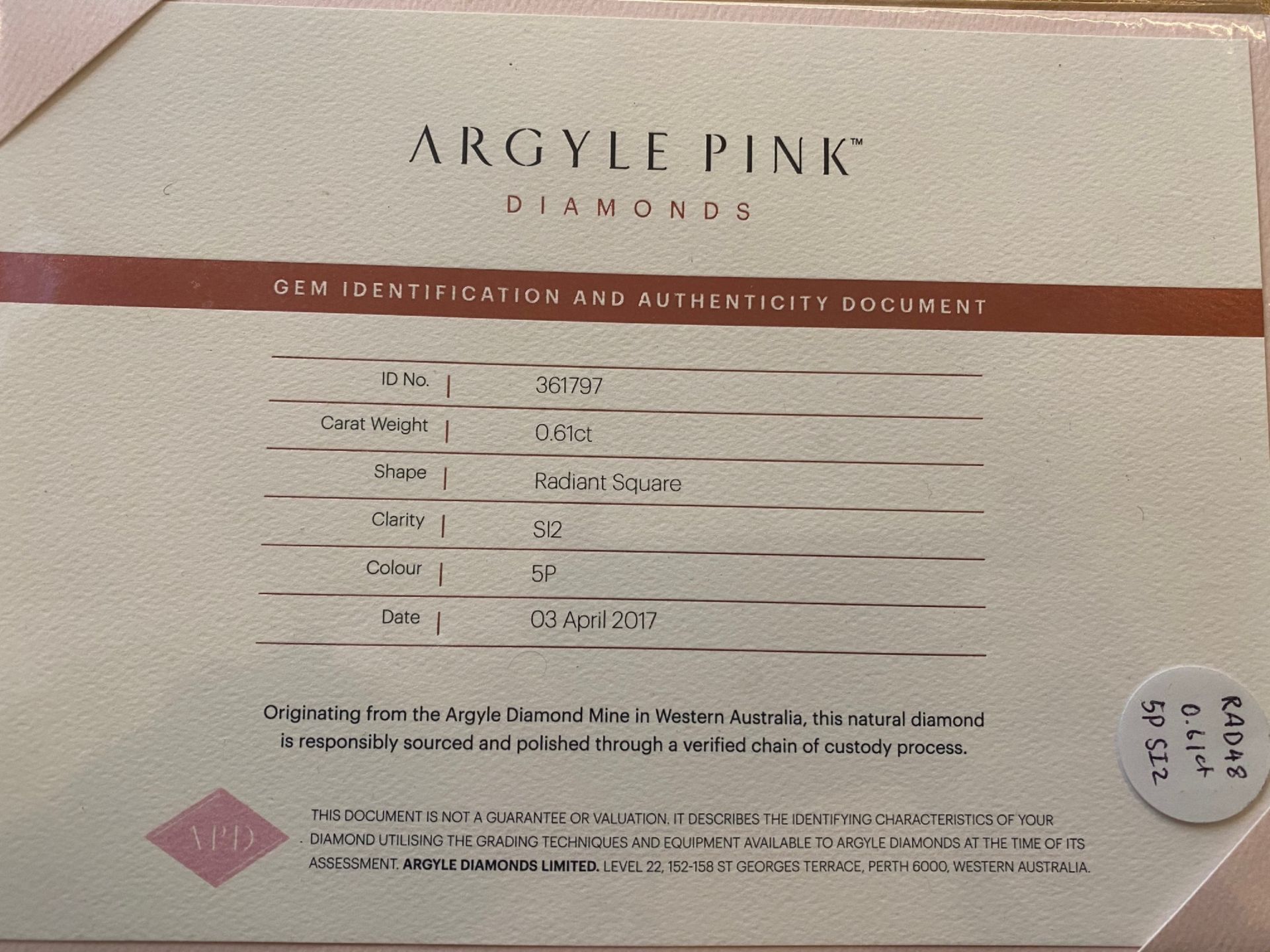 CERTIFIED ARGYLE Radiant Diamond 0.61ct 5P SI2/SI1 Tender Diamond