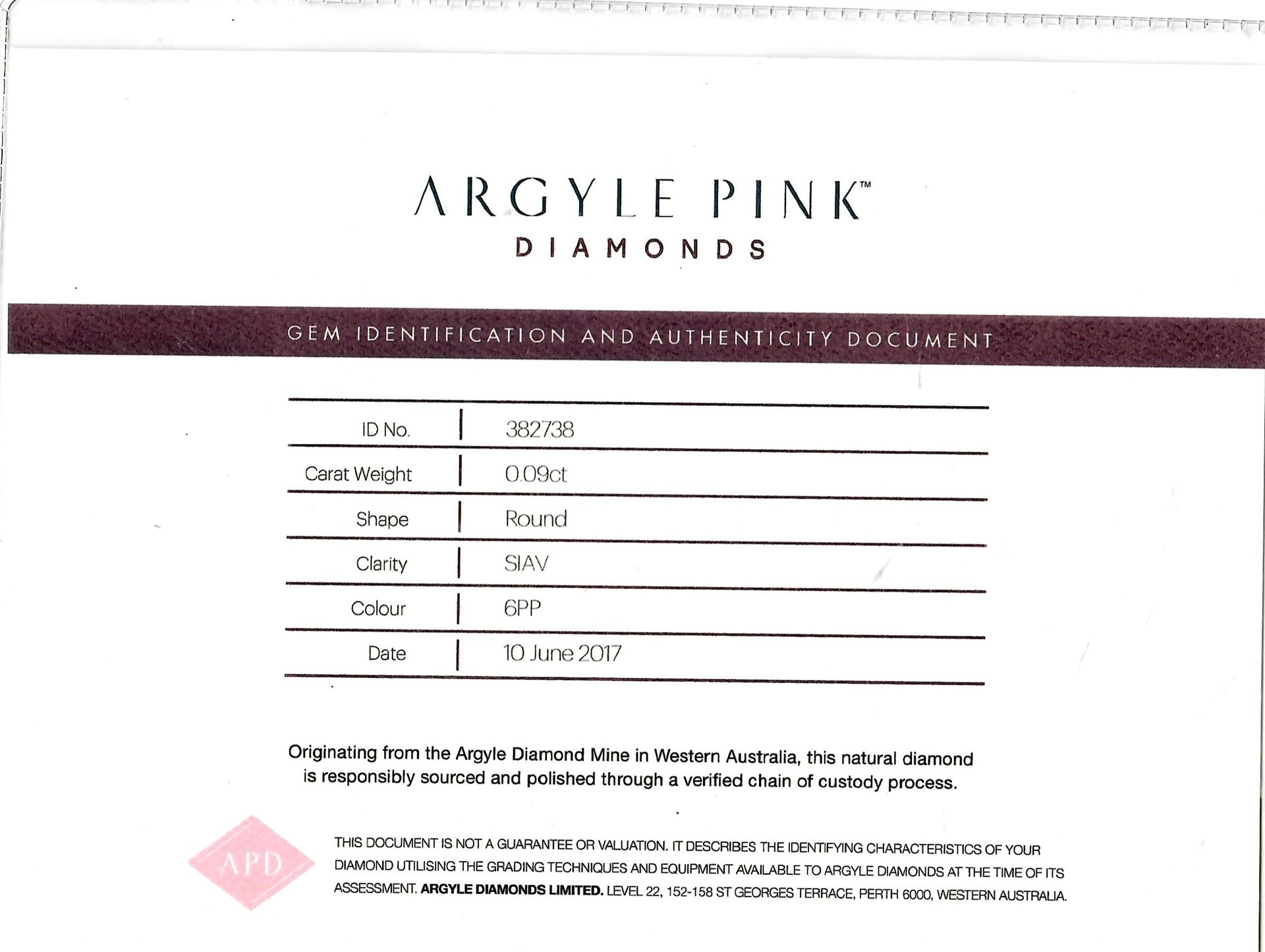 CERTIFIED ARGYLE Round Diamond 0.09ct 6PP SIAV A:382738