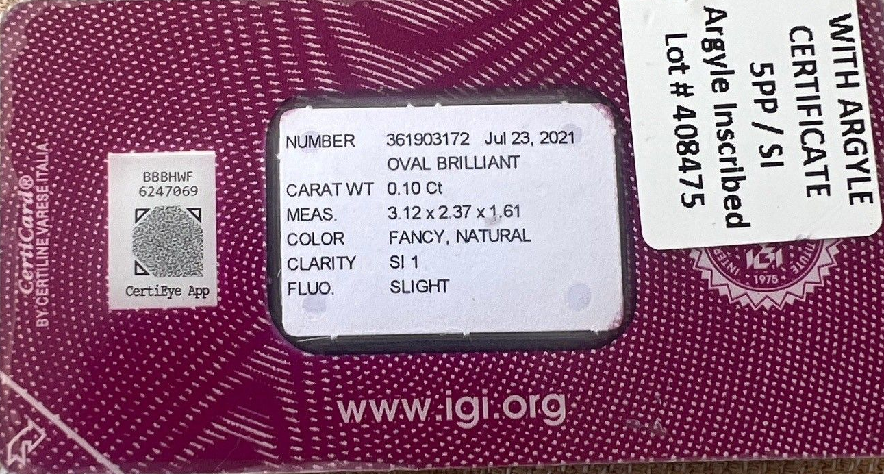 CERTIFIED ARGYLE Oval Diamond 0.09ct 5PP SIAV Collector's Edition