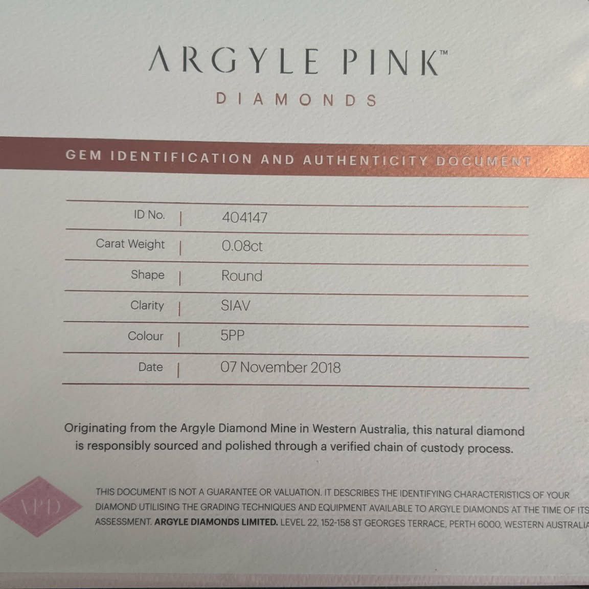 CERTIFIED ARGYLE Round Diamond 0.08ct 5PP SIAV