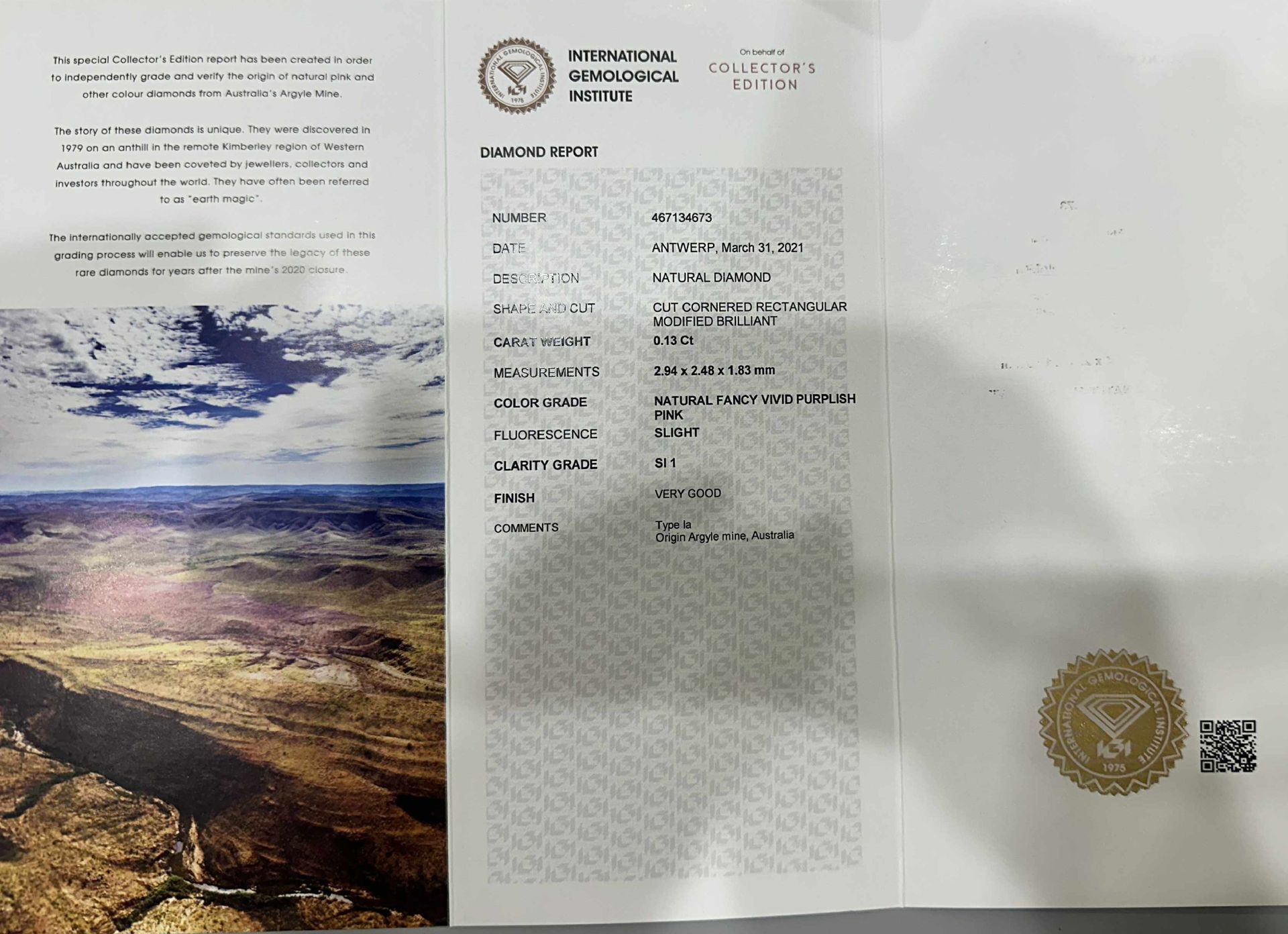 ORIGIN ARGYLE Radiant Diamond 0.13ct Pink SI1