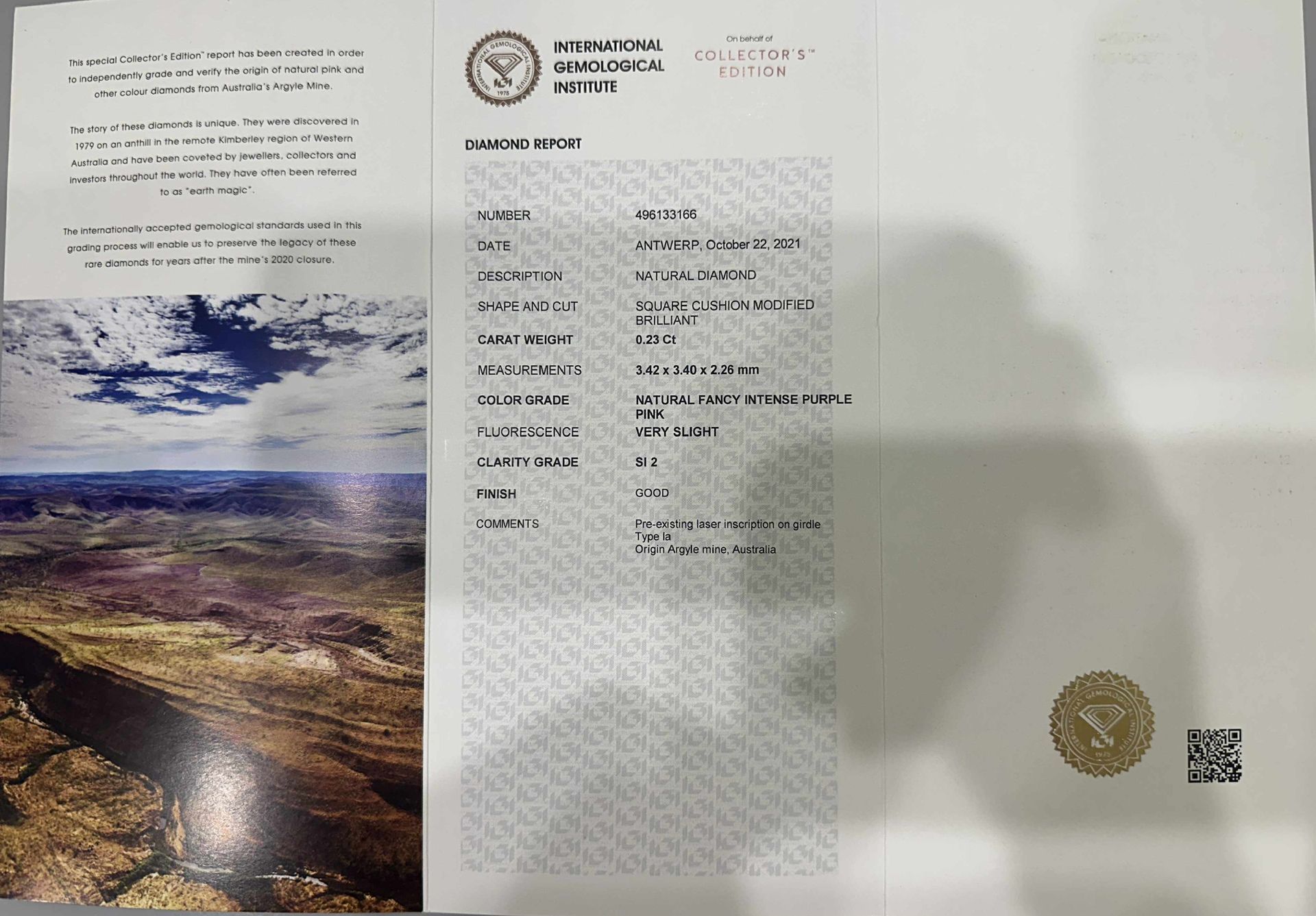 ORIGIN ARGYLE Cushion Diamond 0.23ct Pink SI2