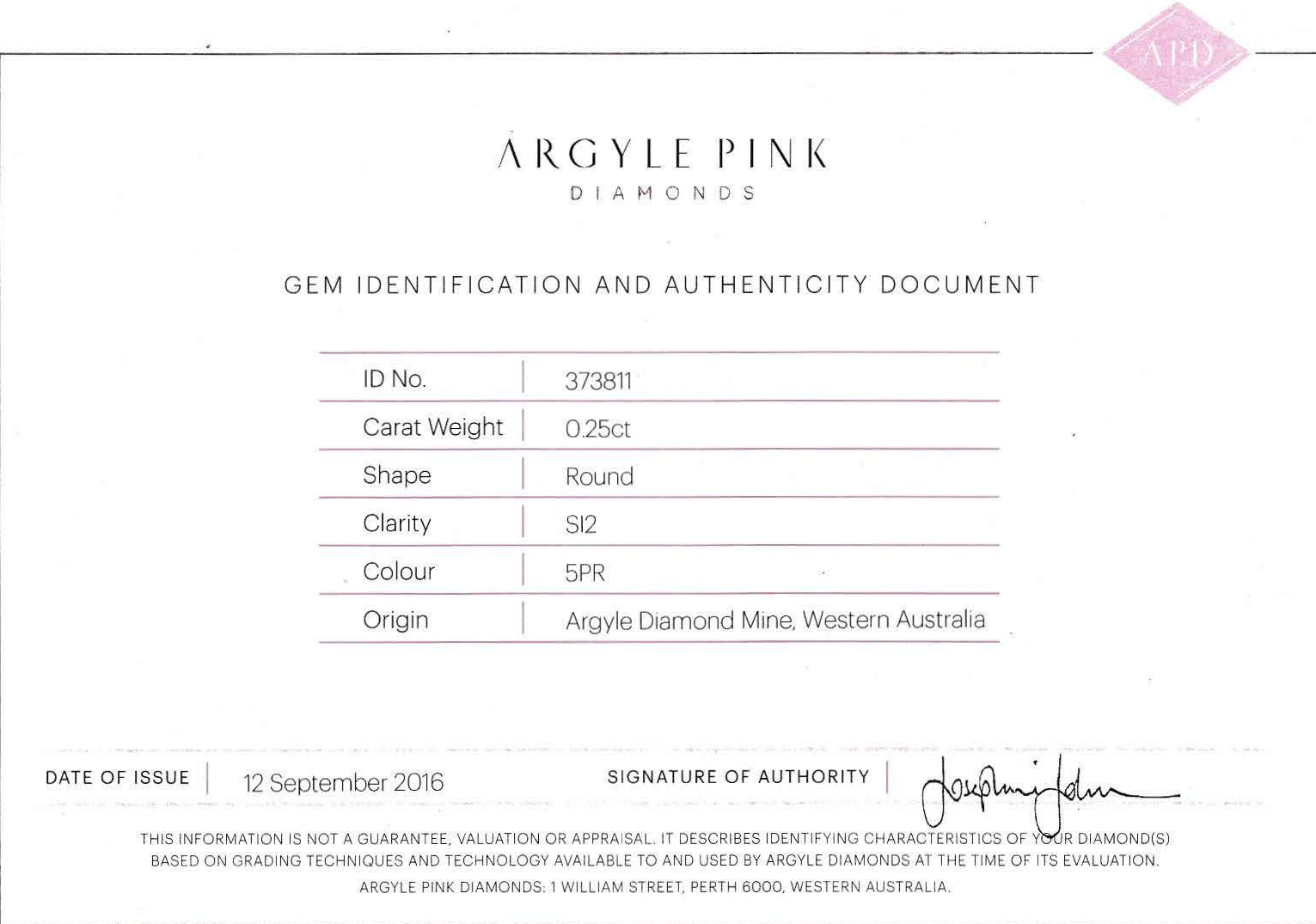 CERTIFIED ARGYLE Round Diamond 0.25ct 5PR SI2