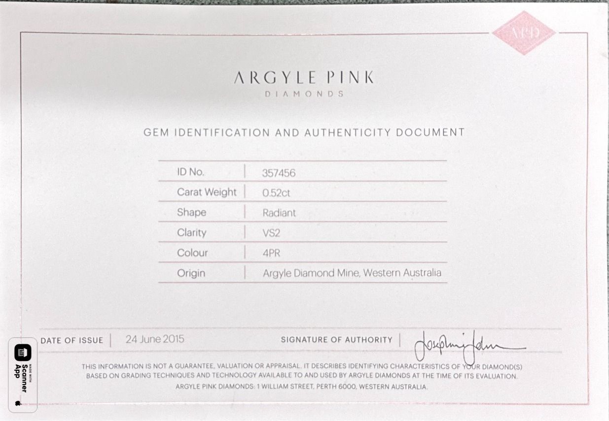 CERTIFIED ARGYLE Radiant Diamond 0.52ct 4PR VS2