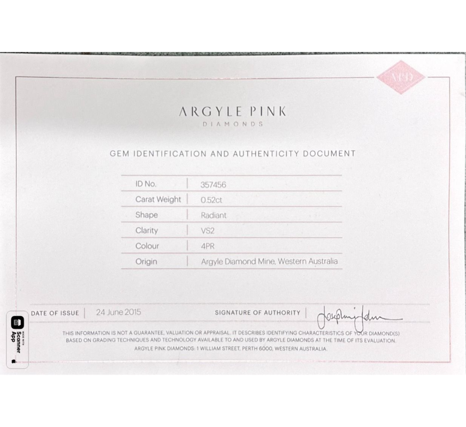 CERTIFIED ARGYLE Radiant Diamond 0.52ct 4PR VS2