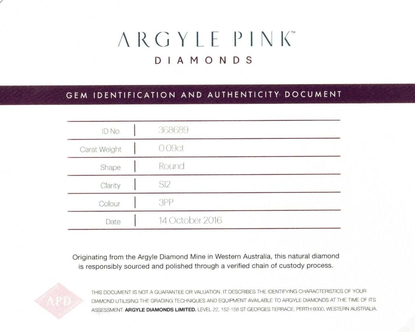 CERTIFIED ARGYLE Round Diamond 0.09ct 3PP SI2