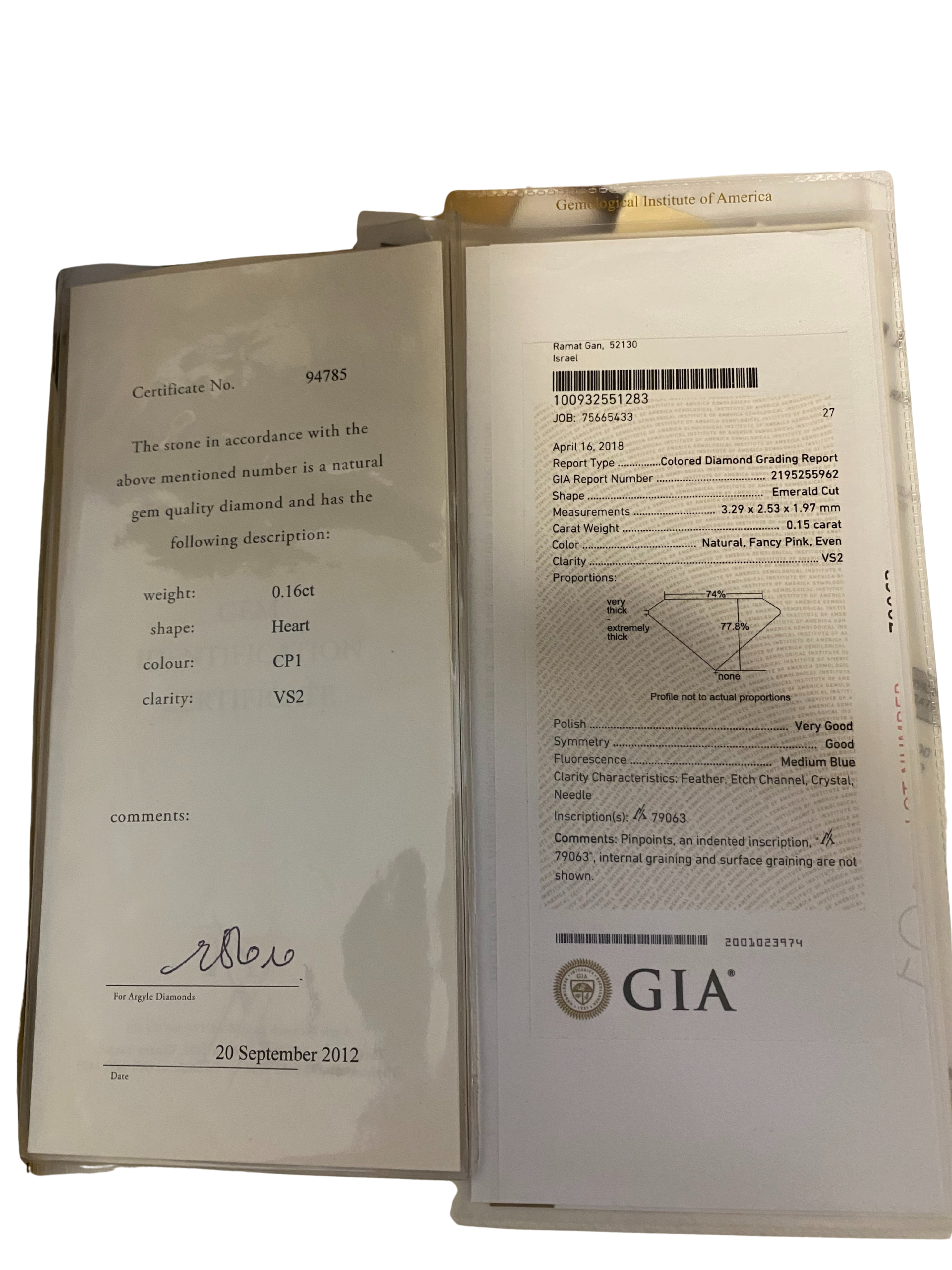CERTIFIED ARGYLE Heart Diamond 0.16ct CP1 VS2