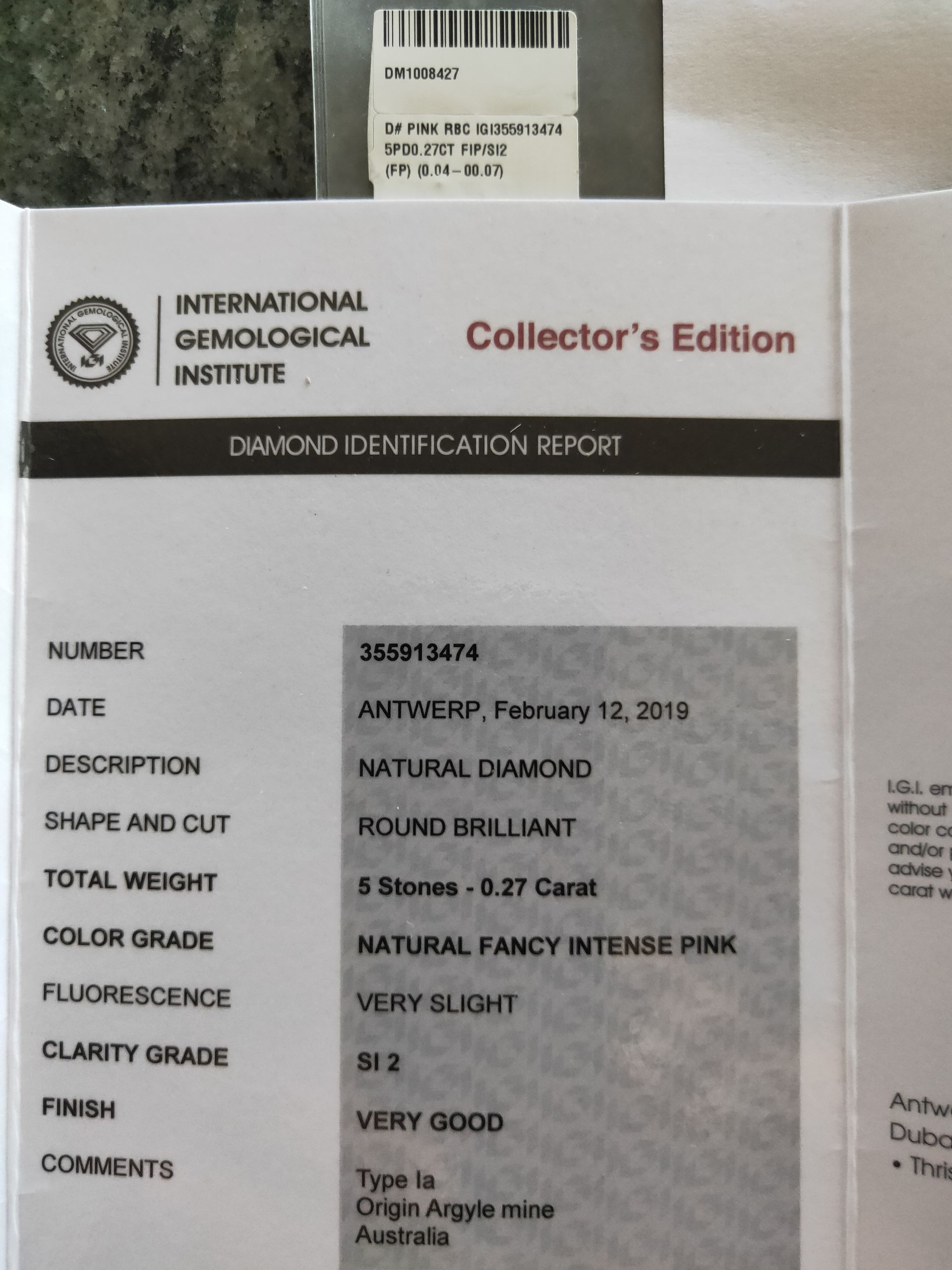 COLLECTORS EDITION ARGYLE Round Diamonds 5 =0.27CT TDW 5P EQ SI2