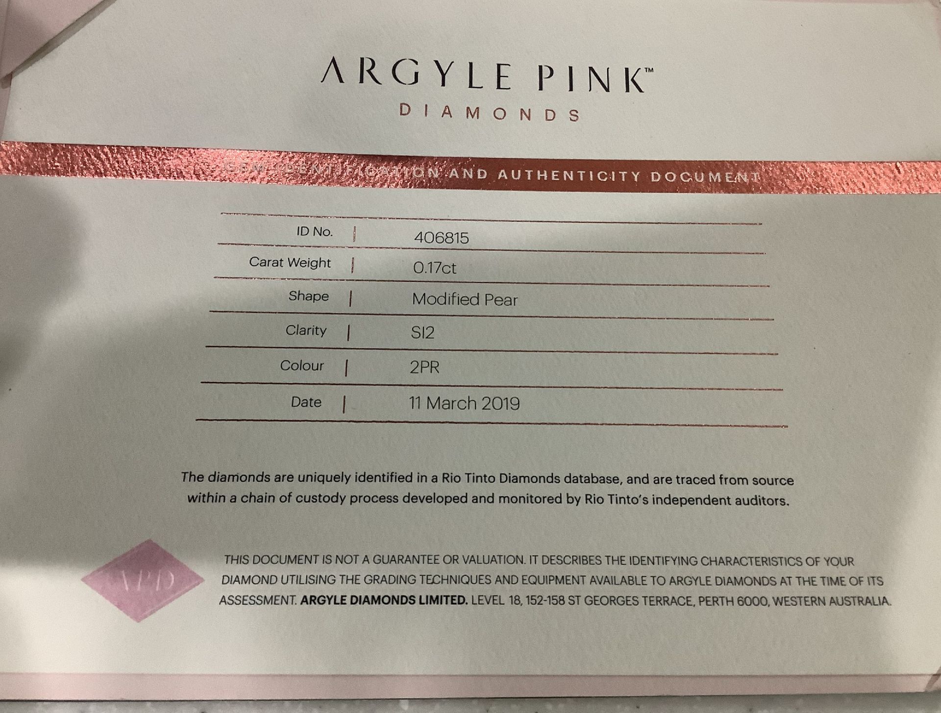 CERTIFIED ARGYLE Pear Diamond 0.17ct 2PR SI2