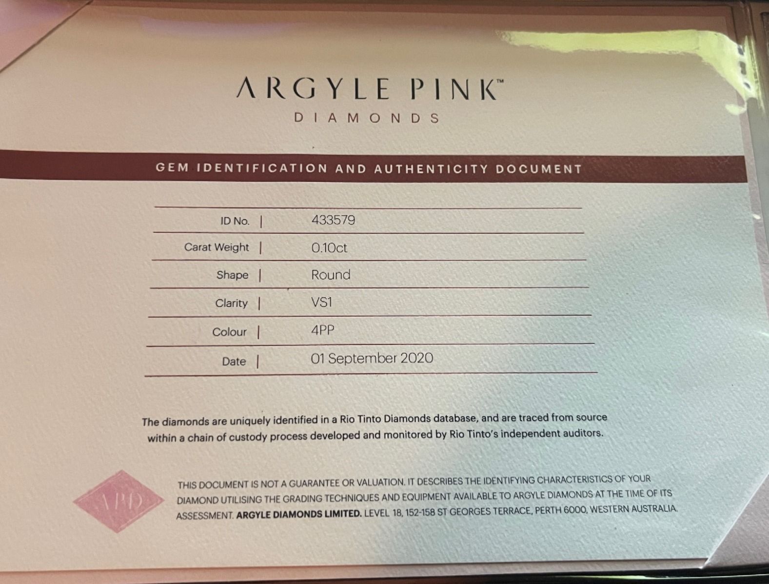 CERTIFIED ARGYLE Round Diamond 0.10ct VS1 A433579