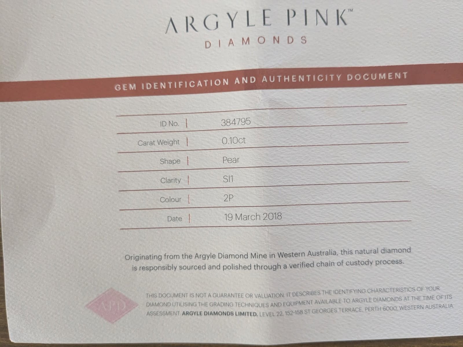 CERTIFIED ARGYLE Pear Diamond 0.10ct 2P SI1