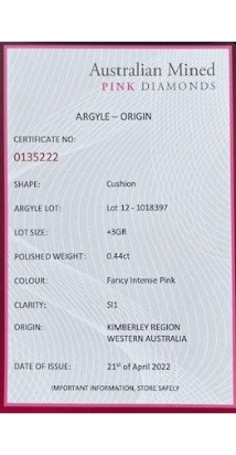 ORIGIN ARGYLE Cushion Diamond 0.44ct 6P SI1