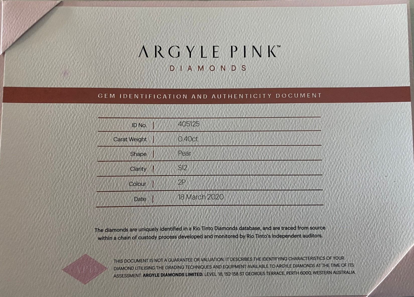 CERTIFIED ARGYLE Pear 0.40ct 2P SI2