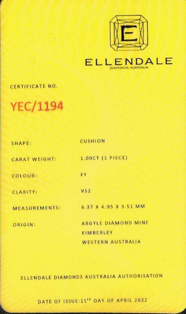 ORIGIN ARGYLE Cushion Diamond 1.00ct Yellow VS2