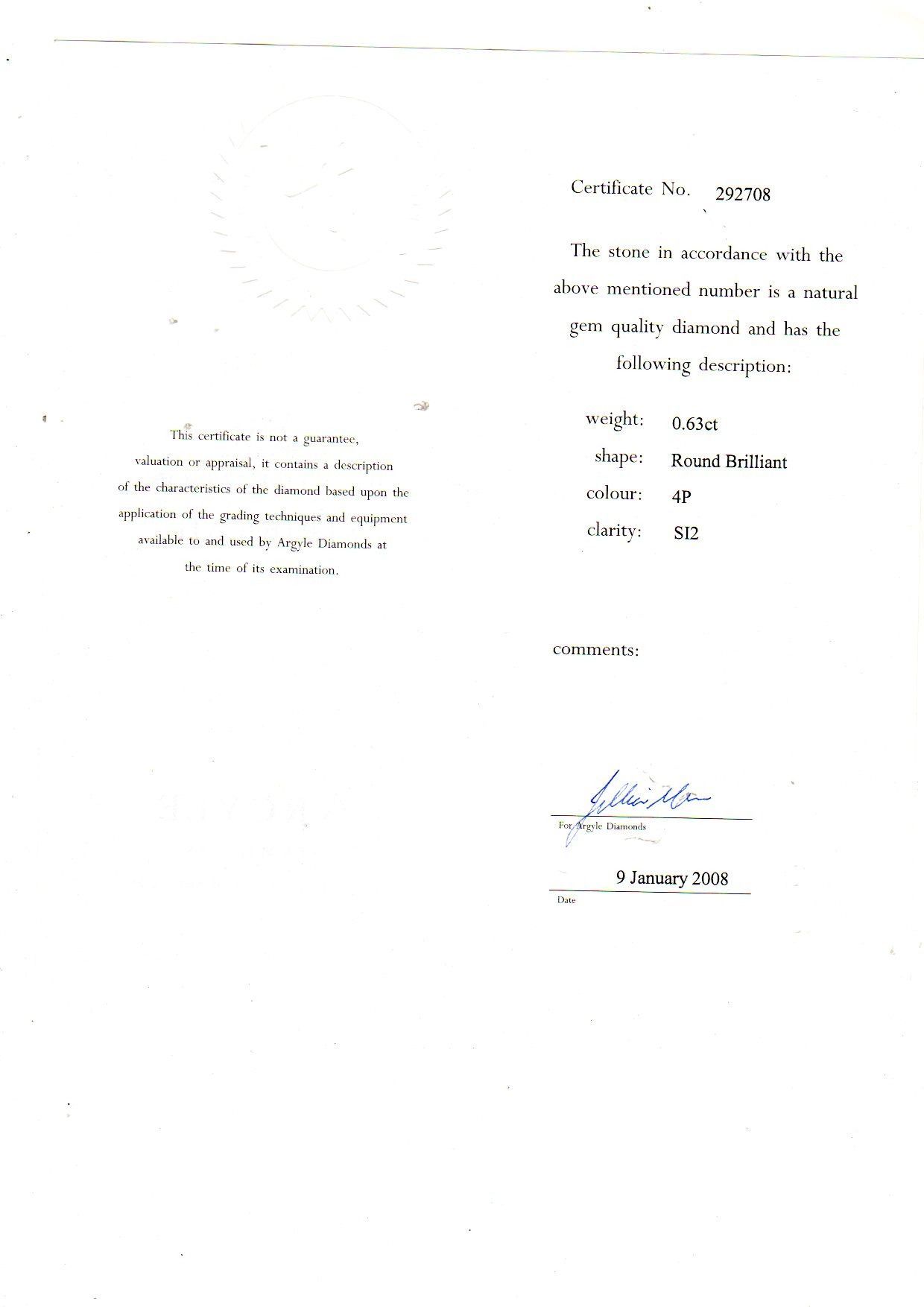 CERTIFIED ARGYLE Round Diamond 0.63CT 4P SI2