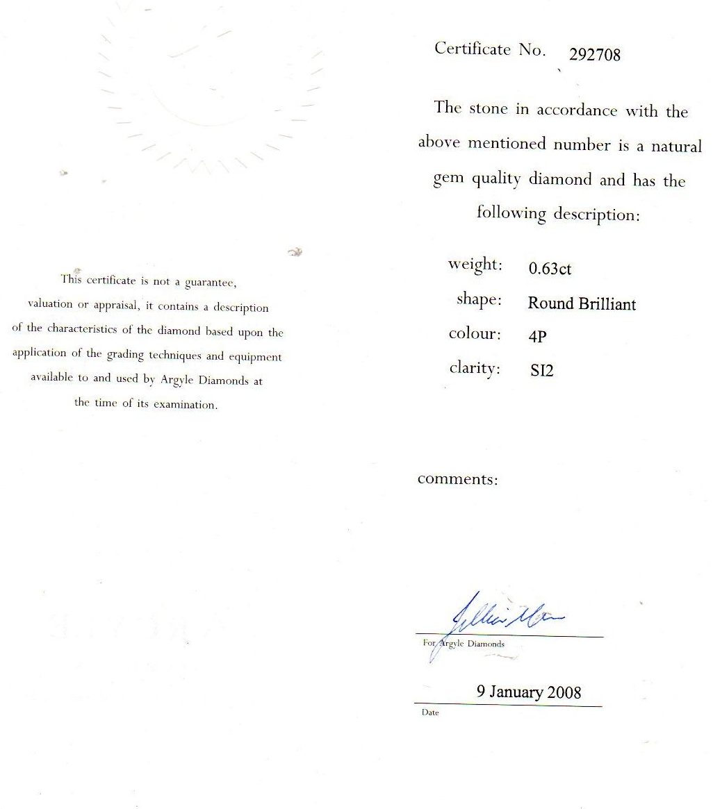 CERTIFIED ARGYLE Round Diamond 0.63CT 4P SI2