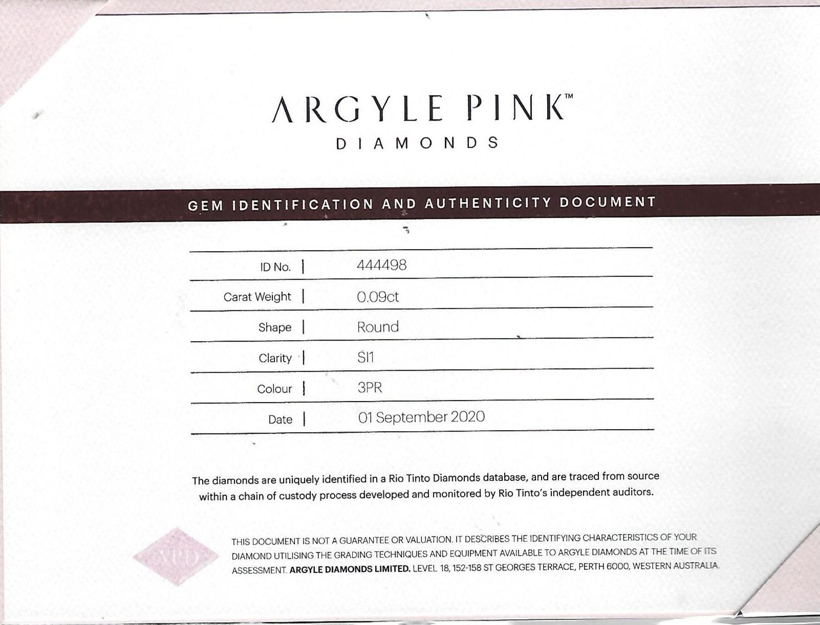 CERTIFIED ARGYLE Round Diamond 0.09ct 3PR SI2