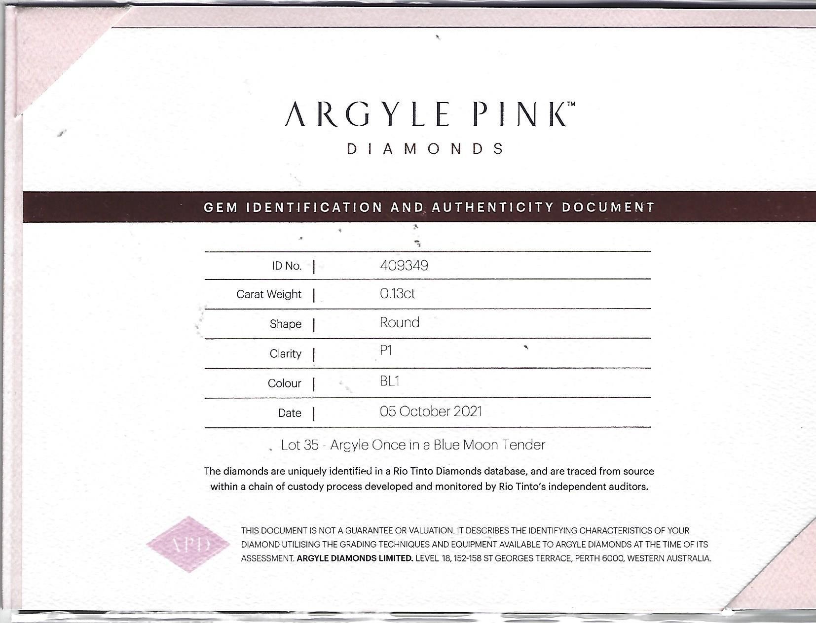 CERTIFIED ARGYLE Round Diamond 0.13ct BL1 P1 Blue Moon Tender Lot: 35