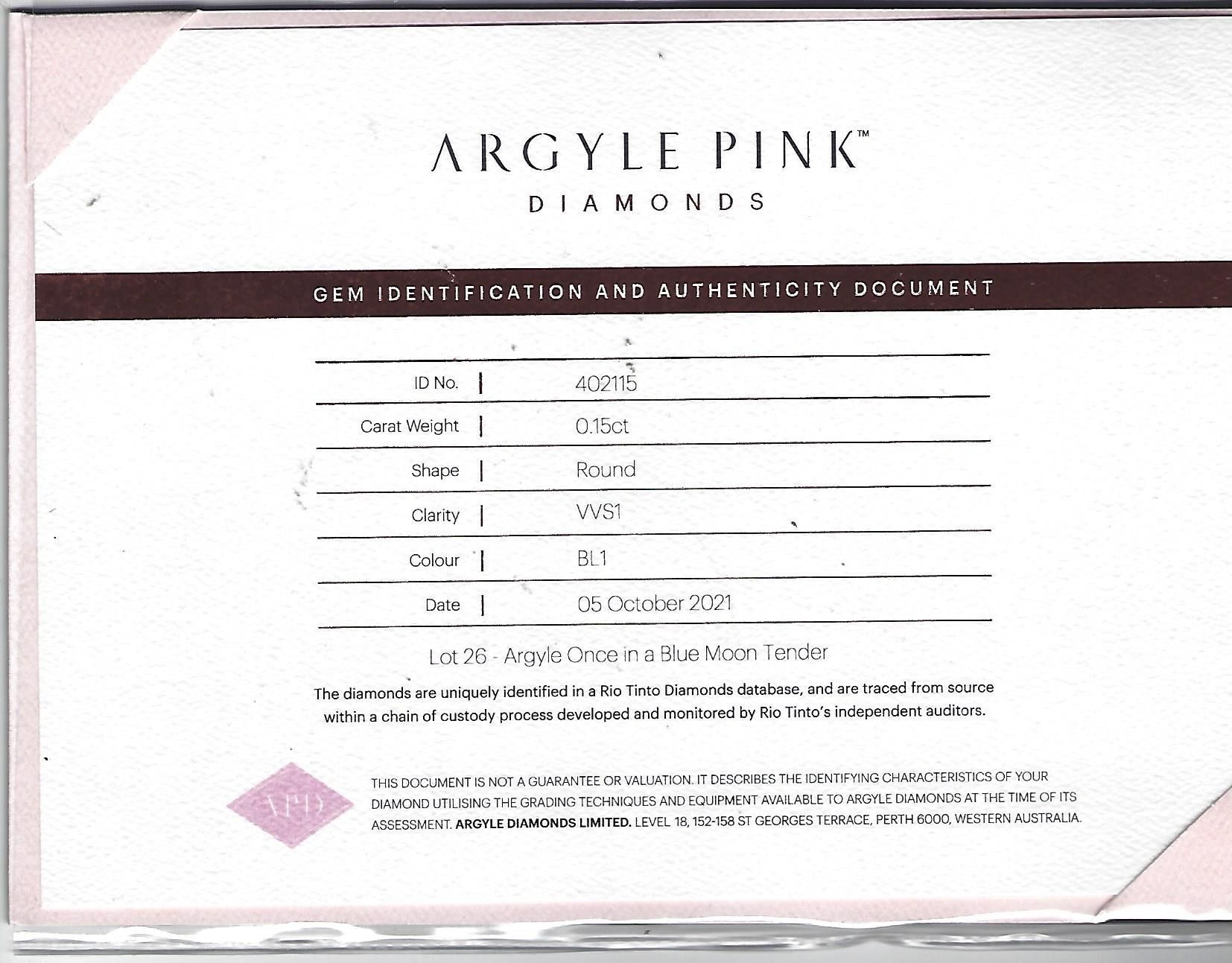 CERTIFIED ARGYLE Round Diamond 0.15CT BL1 VVS1 Blue Moon Tender