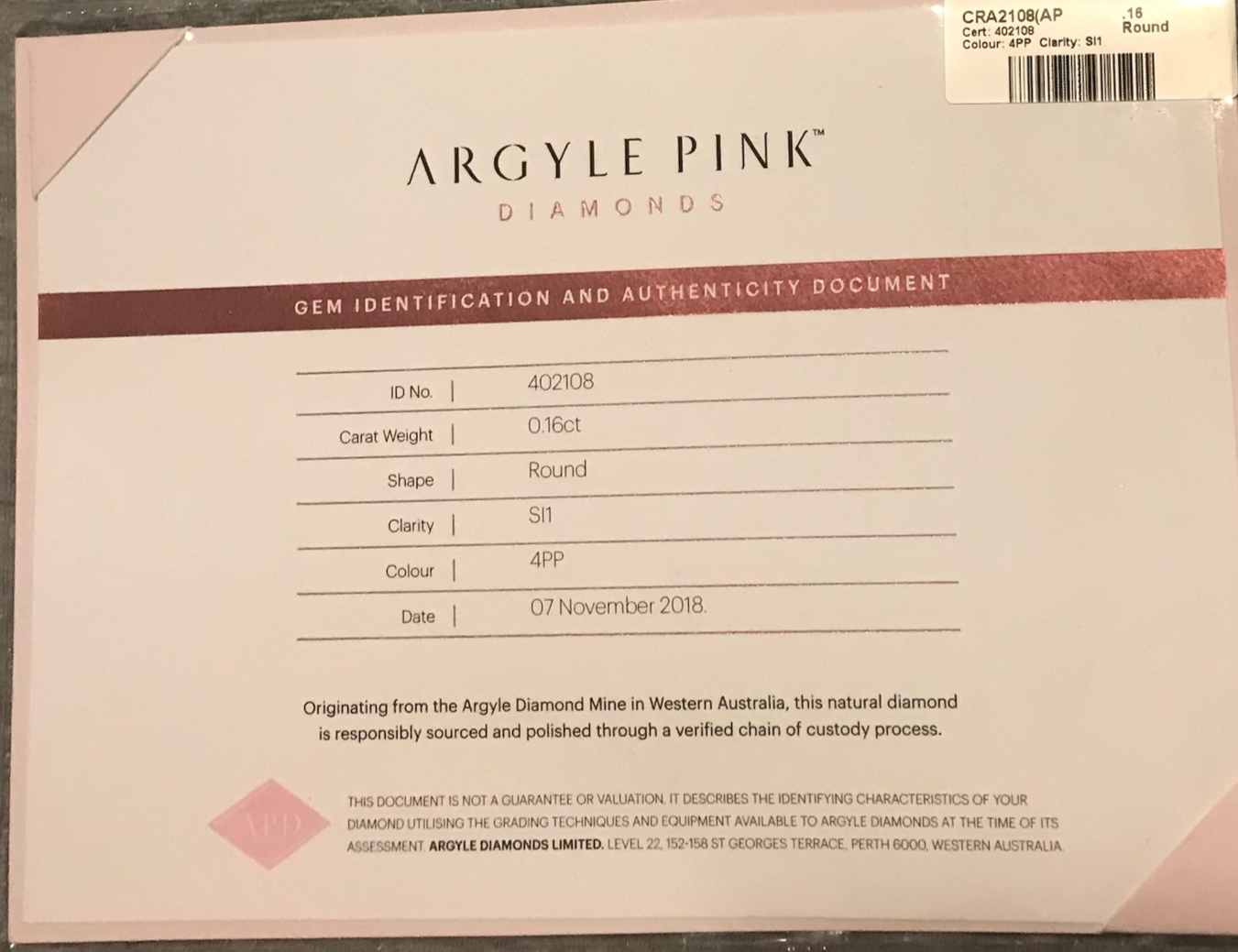 CERTIFIED ARGYLE Round Diamond 0.16ct 4PP SI1