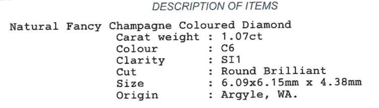 ORIGIN ARGYLE Round Diamond Champagne 1.07ct C6 SI1