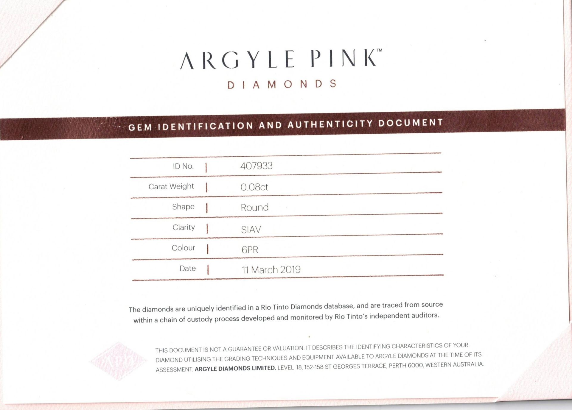 CERTIFIED ARGYLE Round Diamond 0.08ct 6PR SIAV  407933