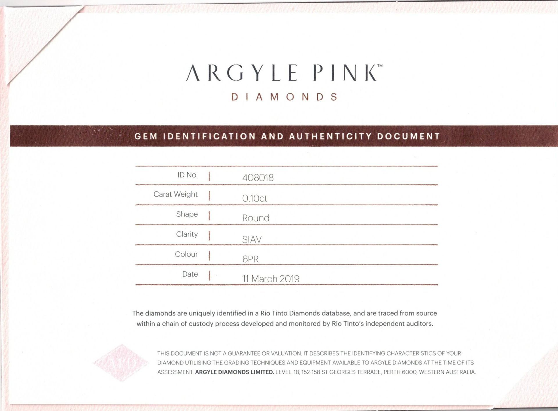 CERTIFIED ARGYLE Round Diamond 0.10ct 6PR SIAV