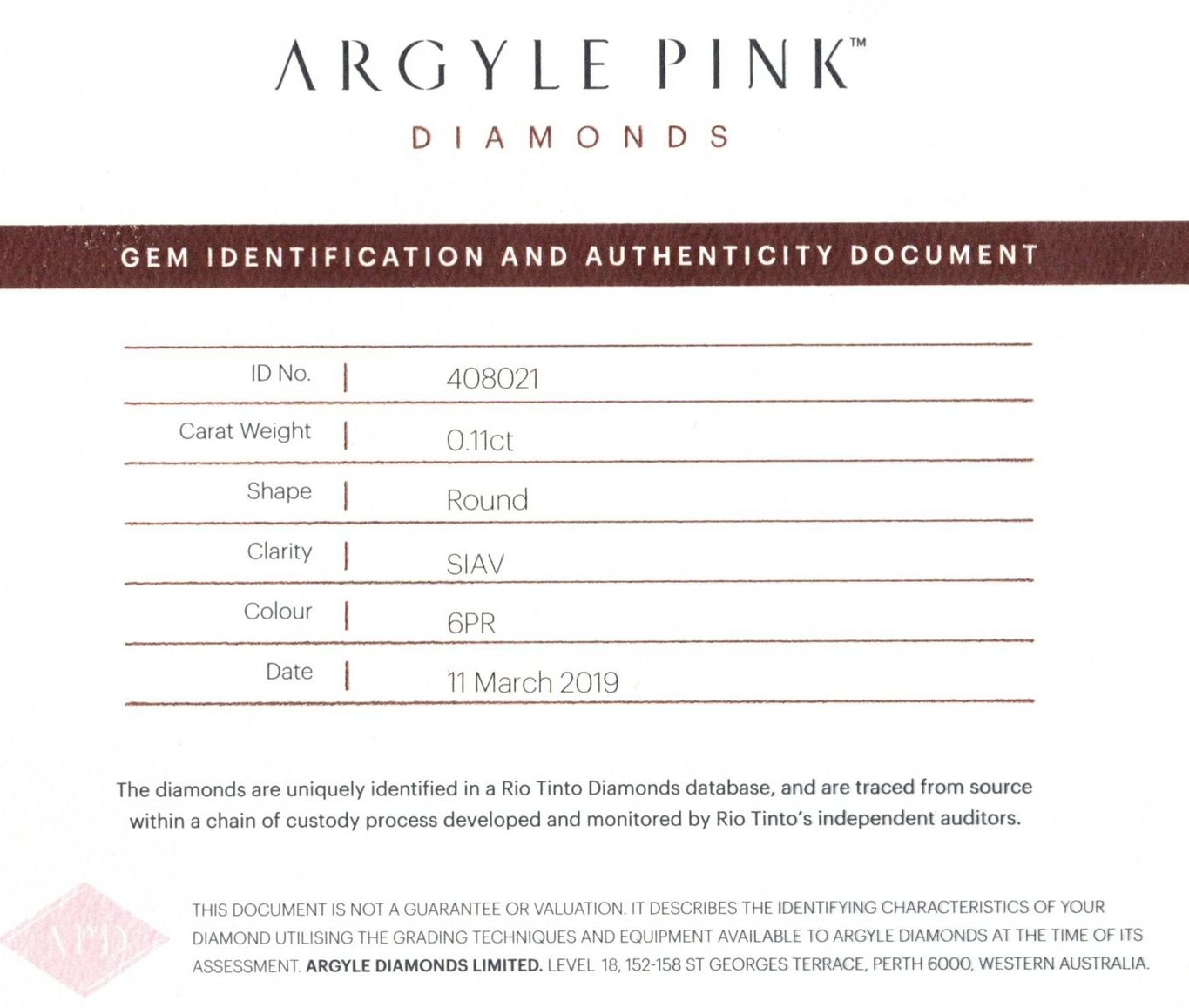 CERTIFIED ARGYLE Round Diamond 0.11ct 6PR SIAV