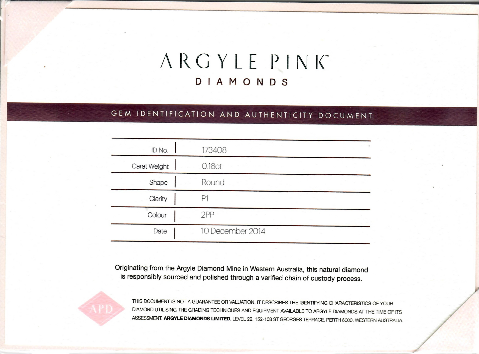 CERTIFIED ARGYLE Round Diamond 0.18ct 2PP P1