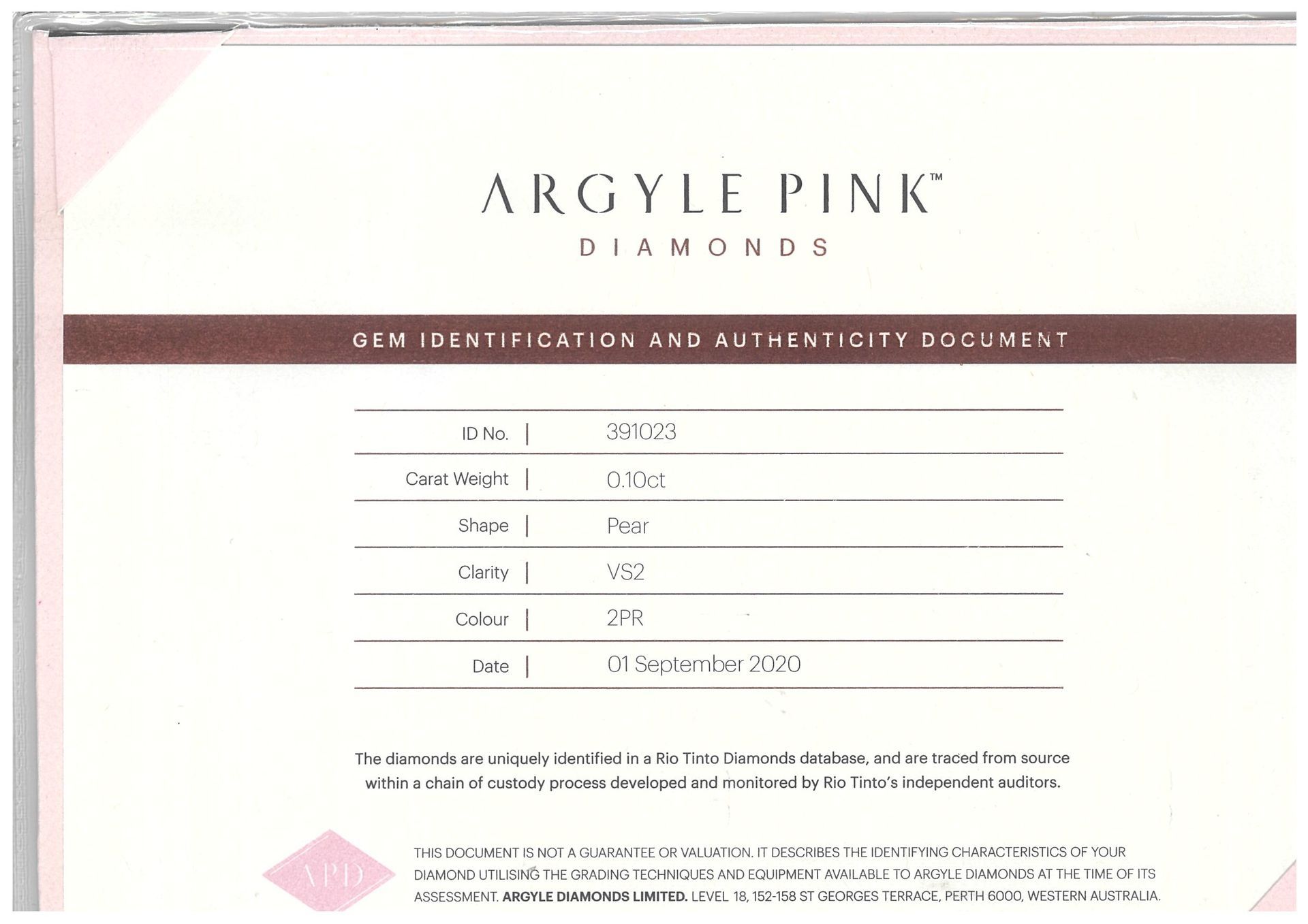 CERTIFIED ARGYLE Pear Diamond 0.10ct 2PR VS2