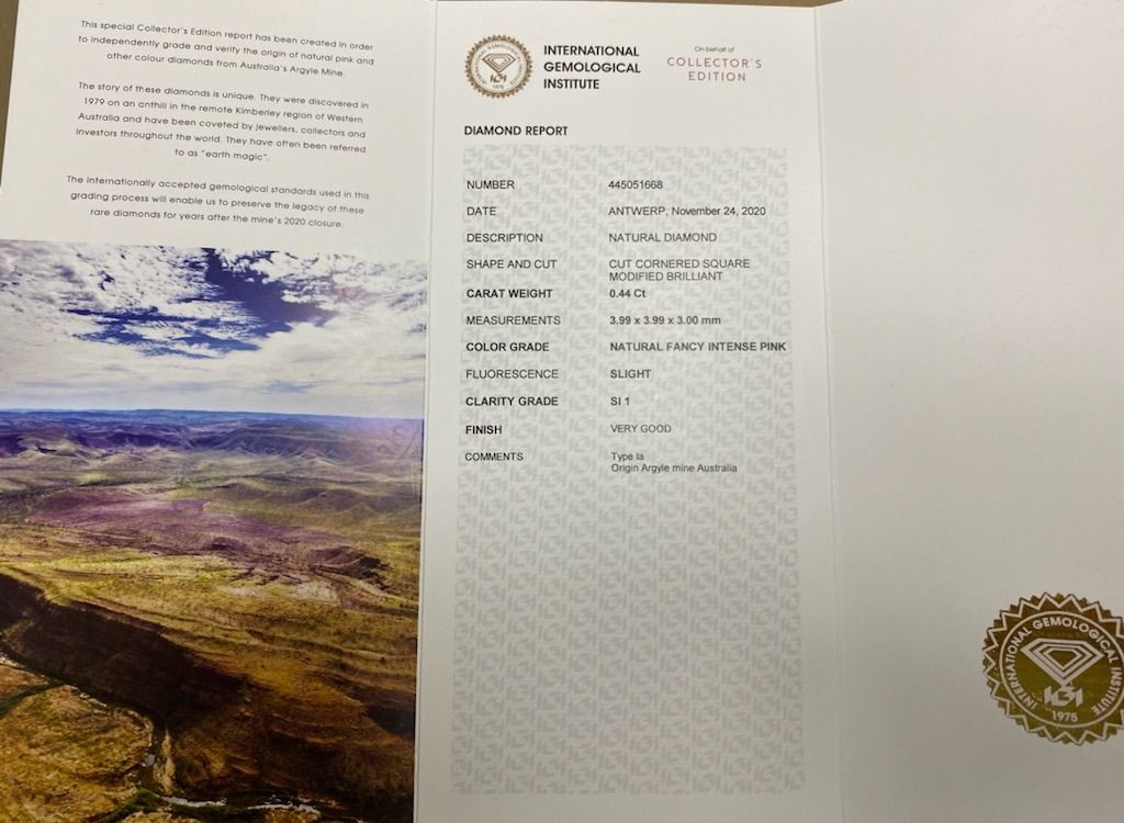 ORIGIN ARGYLE Radiant Diamond 0.44CT 4P EQ SI1