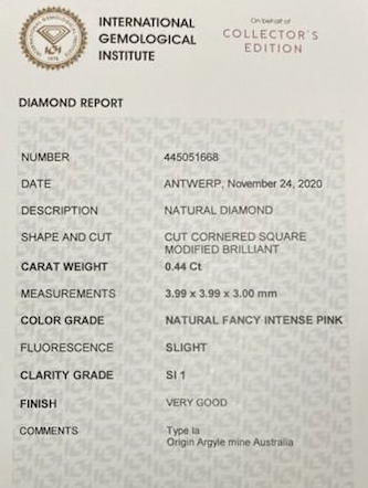 ORIGIN ARGYLE Radiant Diamond 0.44CT 4P SI1