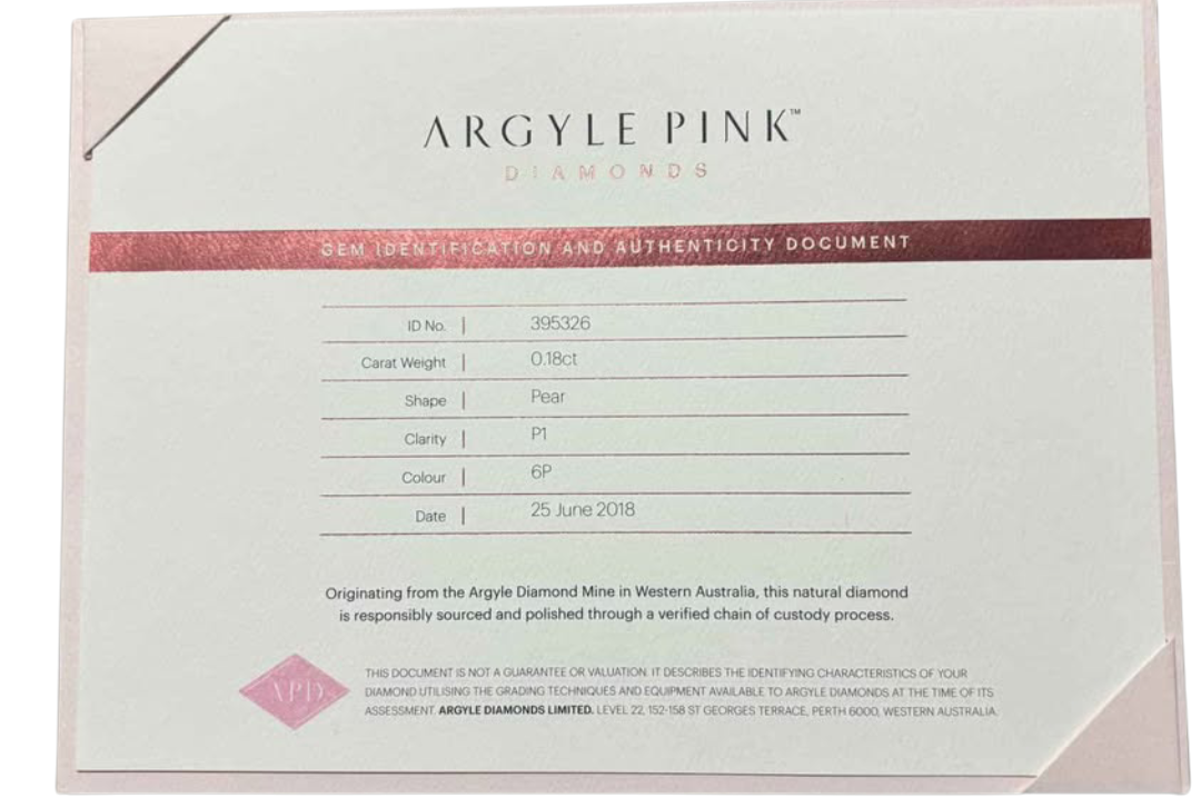 CERTIFIED ARGYLE Pear Diamond 0.18ct 6P P1