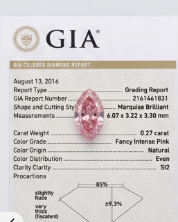 CERTIFIED ARGYLE Marquise Diamond 0.27ct 4PR SI2
