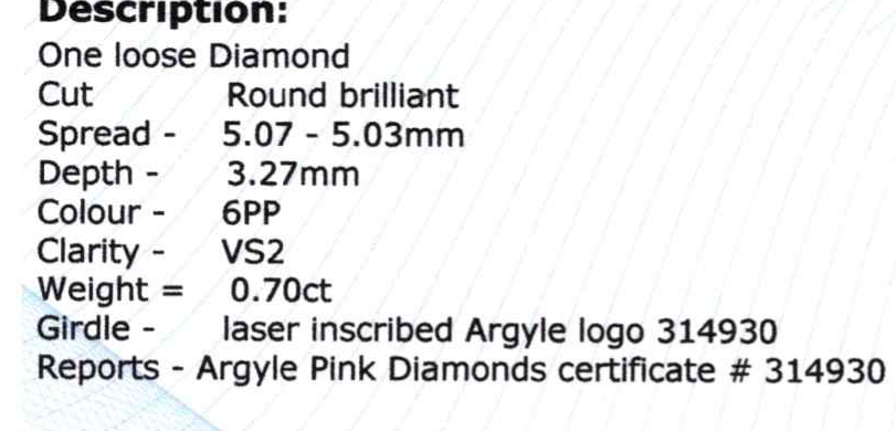 CERTIFIED ARGYLE Round Diamond 0.70ct 6PP VS2
