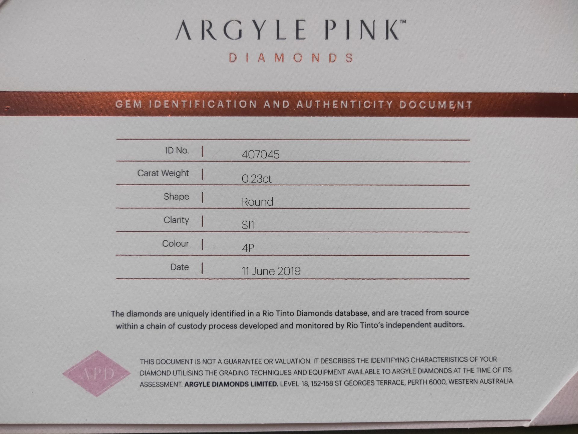 CERTIFIED ARGYLE Round Diamond 0.23ct 4P SI1