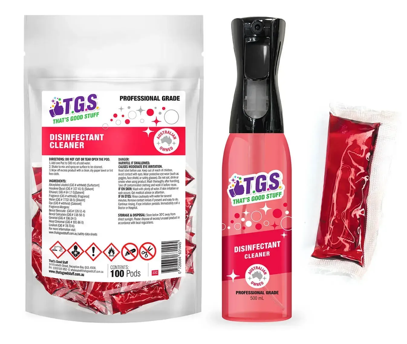A bottle of disinfectant cleaner next to a bag of disinfectant cleaner.