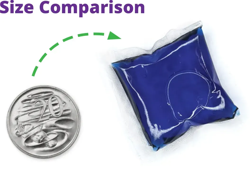 A small blue bag is being compared to a quarter.