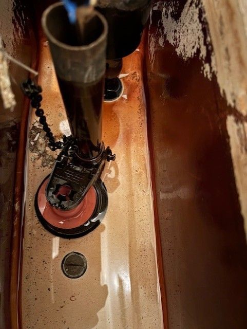 Toilet tank interior showing the flushing mechanism with reddish-brown water and staining.