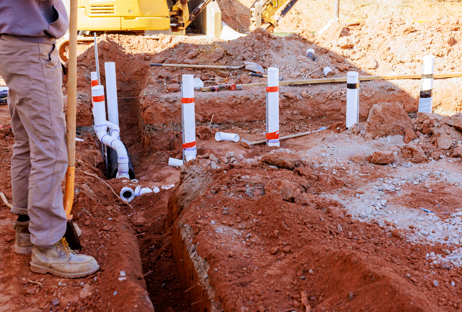 Plumber in trench with shovel near white PVC pipes in red soil, construction site.