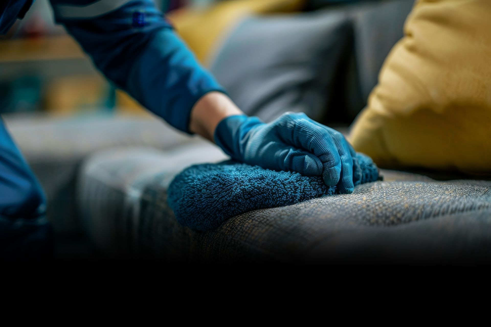 A person wearing blue gloves is cleaning a couch with a towel.