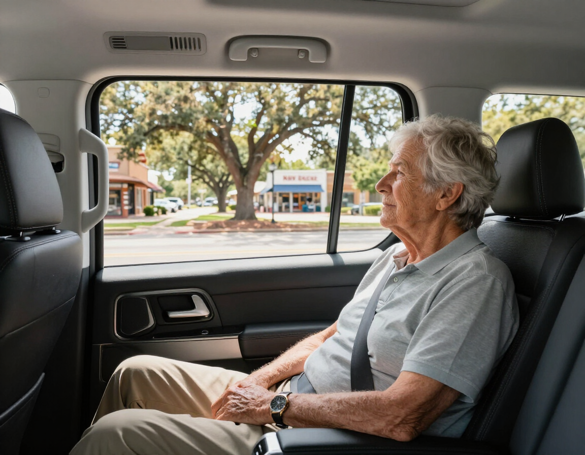 Senior passenger seated comfortably in a clean vehicle looking out at Central Texas scenery