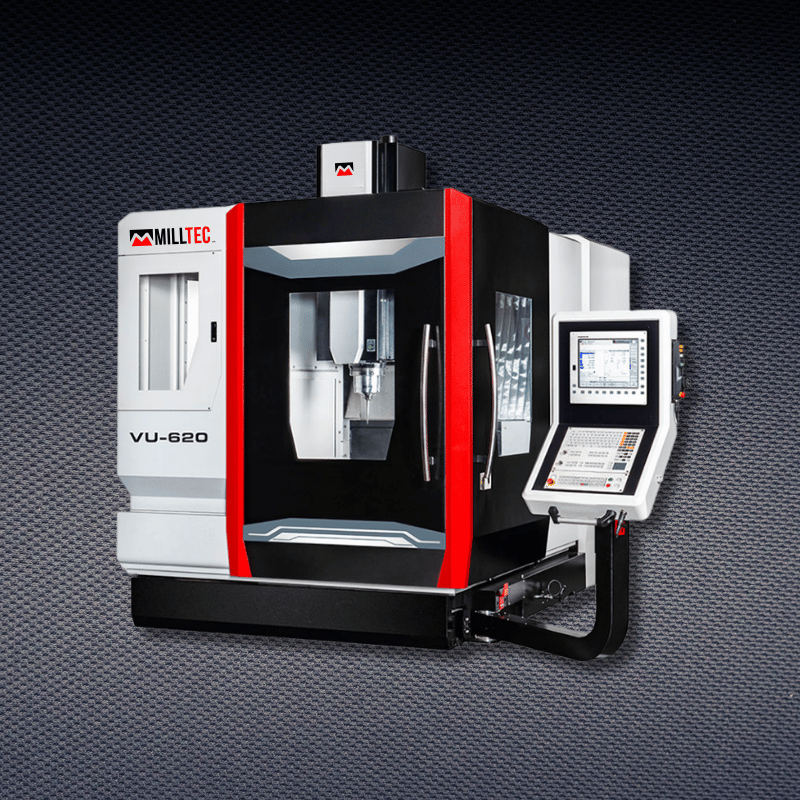 A red, white, and black CNC milling machine labeled