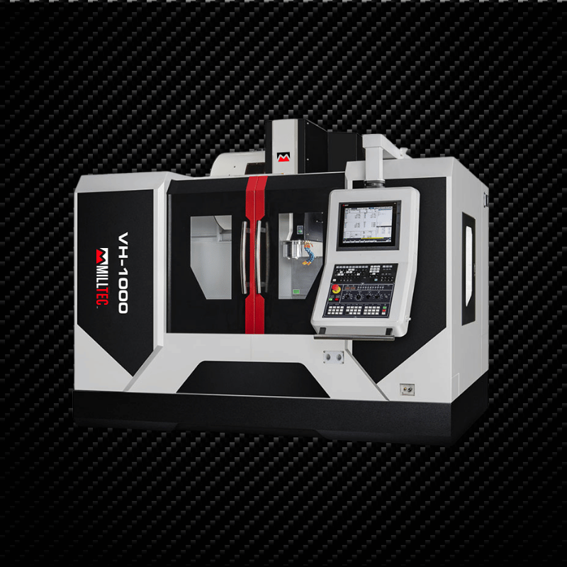 CNC milling machine, VH-1000, white/black, red accents, control panel, cutting process visible.