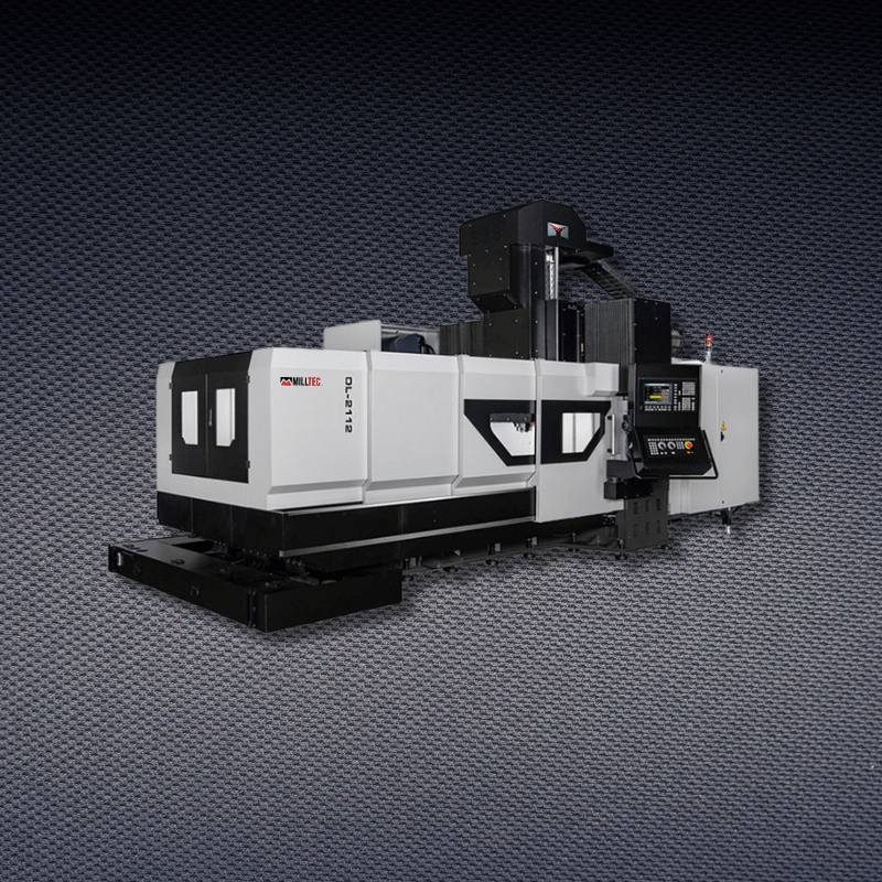 White CNC machine in a factory setting, with black accents, and a dark background.