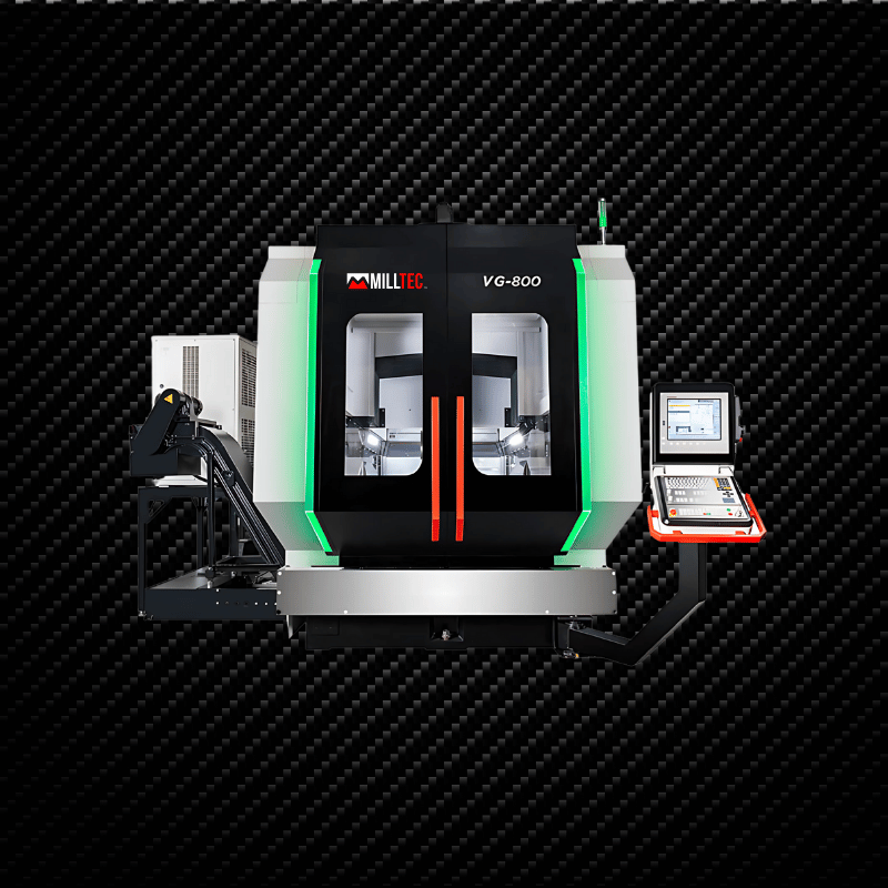 A vertical machining center, likely a CNC machine, with a control panel and automatic tool changer.