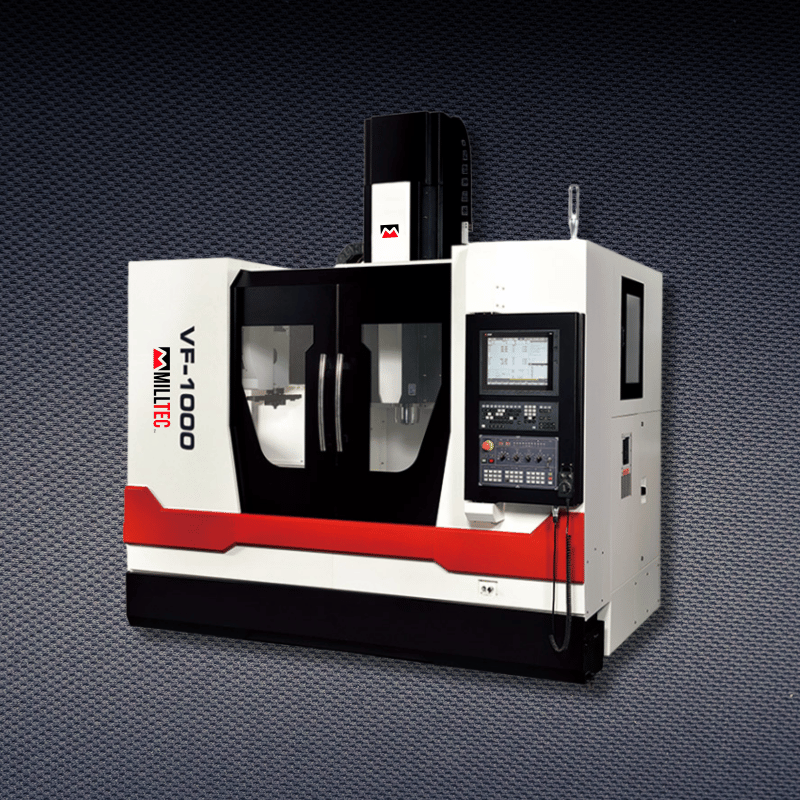CNC milling machine, white and red, with control panel and protective enclosure, against a gray backdrop.